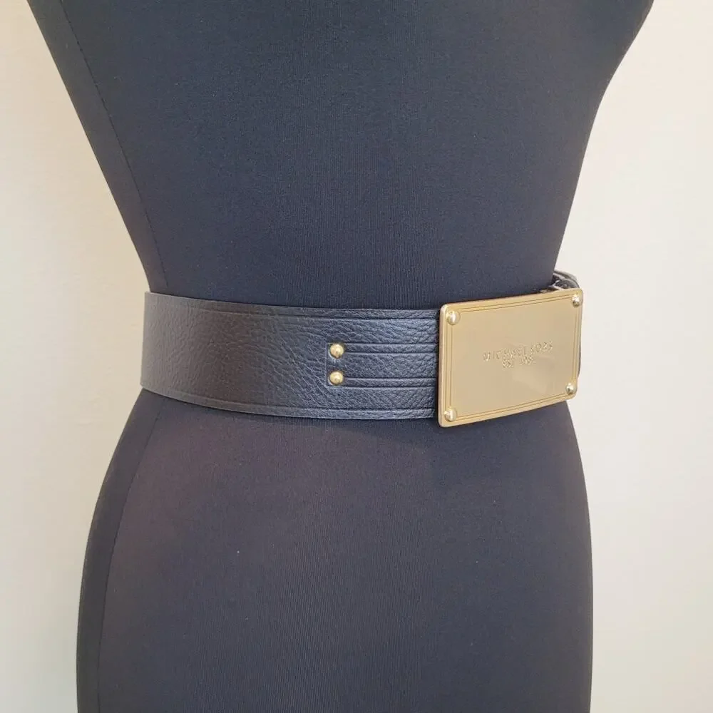 Michael Kors Leather Belt Black Brown Gold Logo XL Luxury Capsule Minimalist